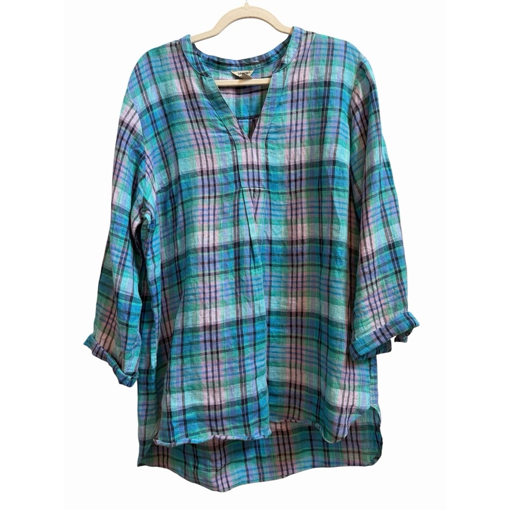 LL Bean Linen Tunic Top Womens XL Blue Plaid Casual‎ Shirt